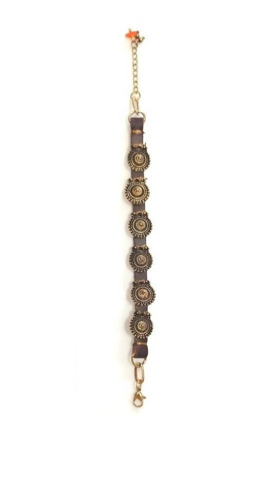 Bling Accessories Antique Brass Finish Metal Coin Charm Hand Embroidered Genuine Leather Bracelet in Mocha