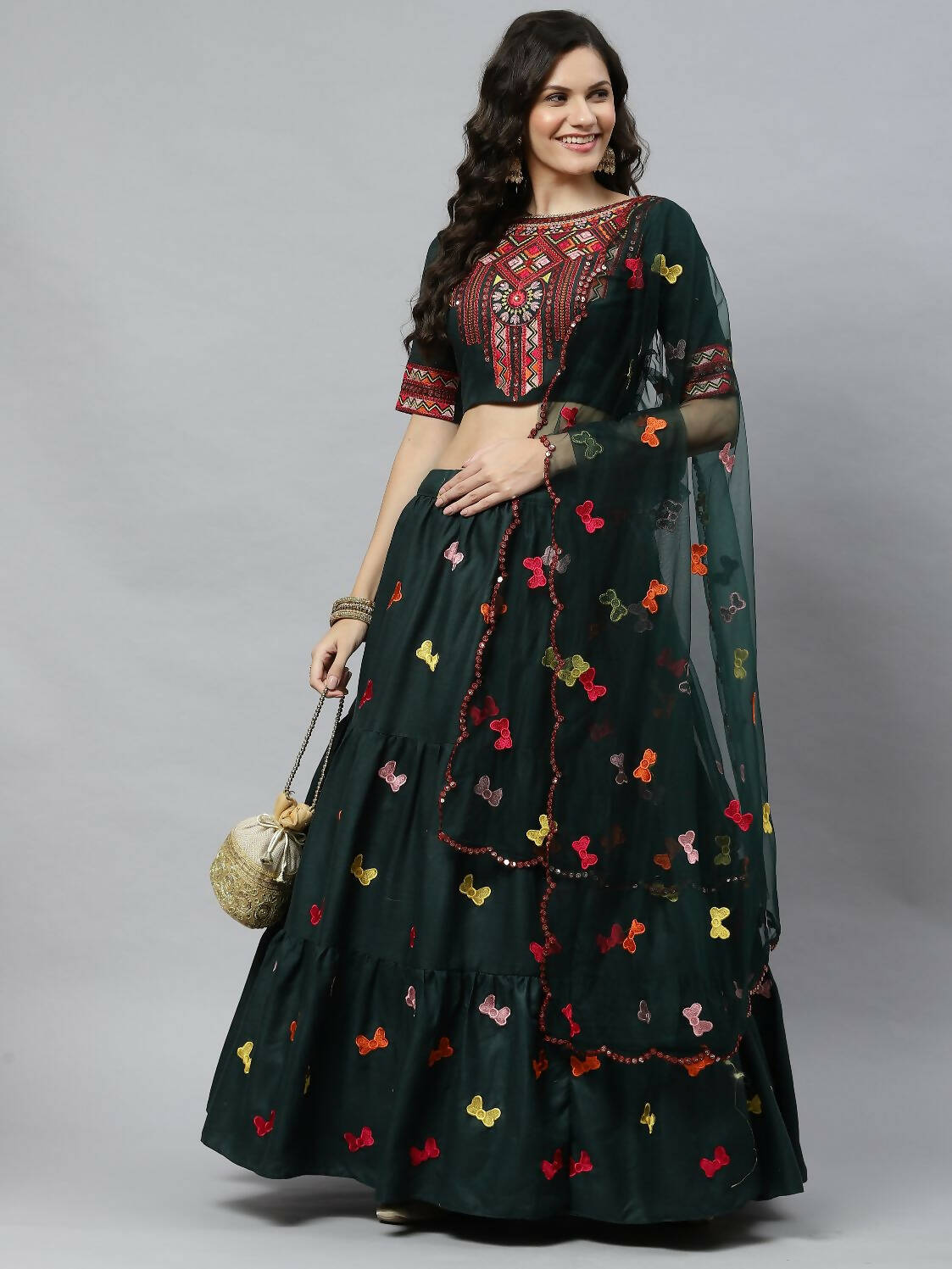Dark Green Cotton Embroidered Work Lehenga Choli with Dupatta - Jivika - Distacart