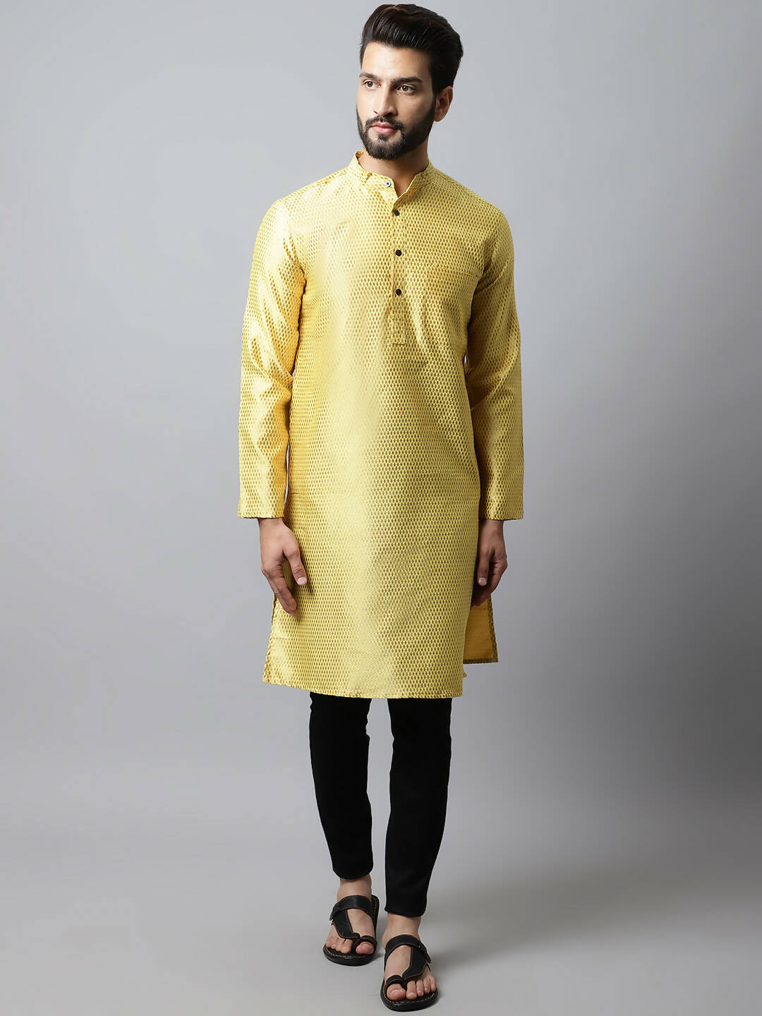 Even Apparels Yellow Color Art Silk Banarsi Silk Men's Kurta With Band Collar (BS017) - Distacart
