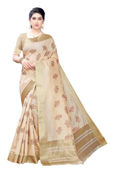 Vamika Cotton Polyester Silk Weaving Cream Saree (Kerala Flower)