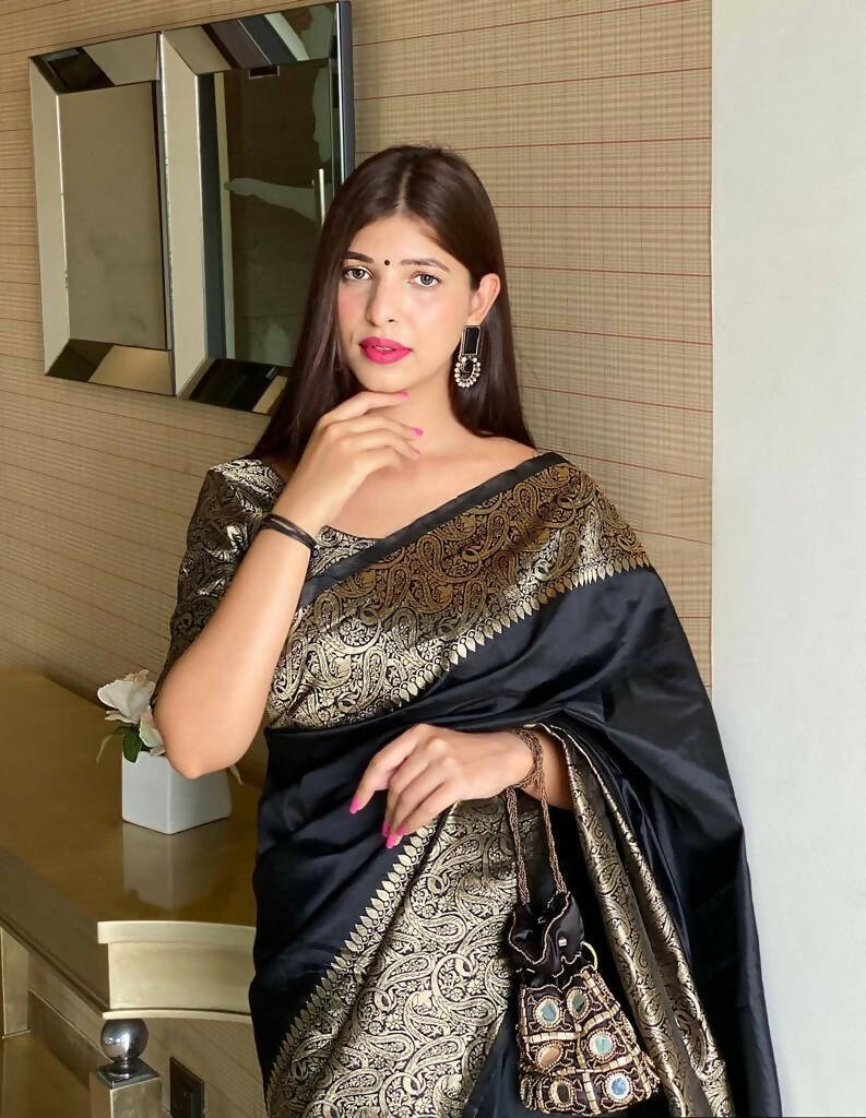 DEIANA'S Beautiful Golden Jari with New Design Soft Lichi Silk Saree - Black - Distacart