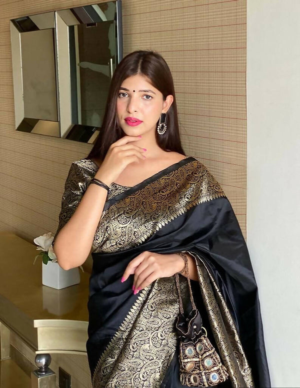 DEIANA'S Beautiful Golden Jari with New Design Soft Lichi Silk Saree - Black - Distacart