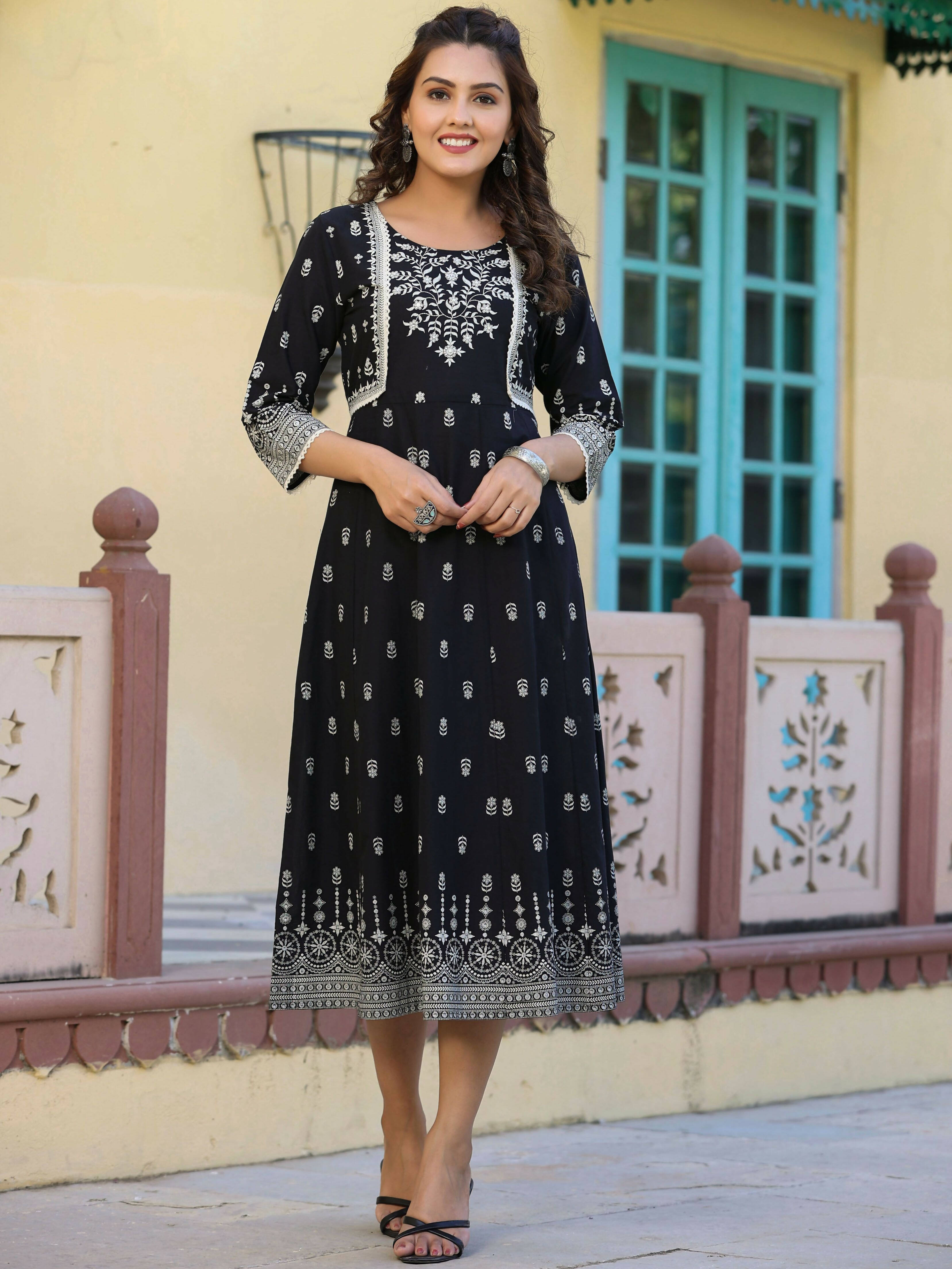 Juniper Women's Black Printed Anarkali Flared Dress - Distacart