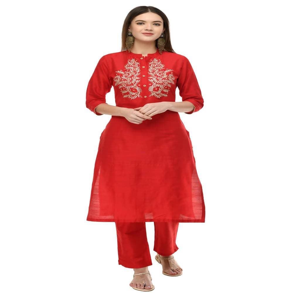 Lagi Women's Red Poly silk Straight Embroidred Kurta & Pant (RO116B)
