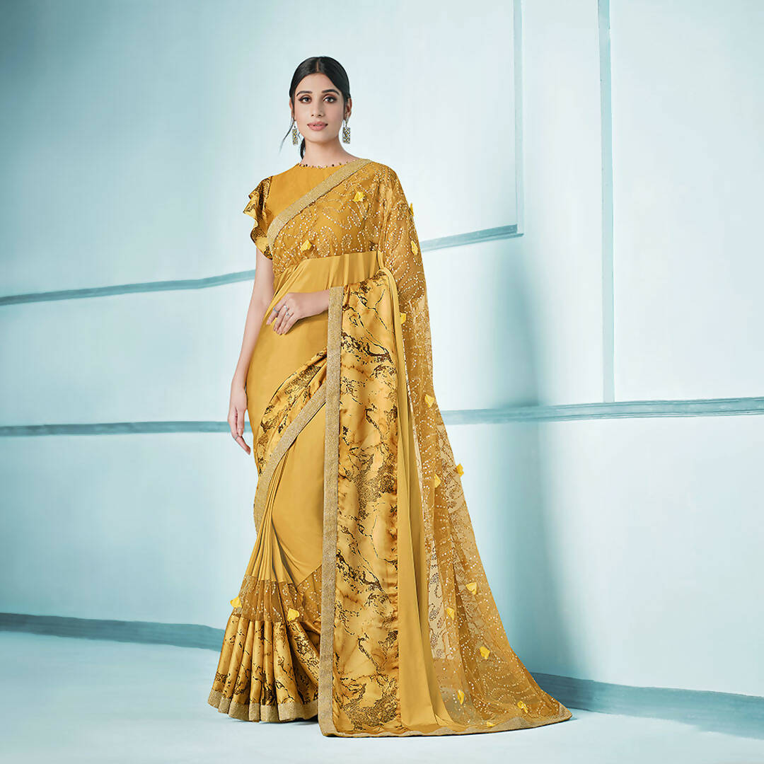 Mustard Lycra sequence Saree with Unstitched Blouse Piece - Norita Elaura - Distacart