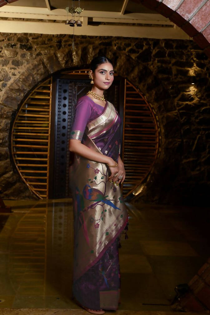 Vishnu Weaves Women's Wine Paithani Silk Zari Woven Saree with Unstitched Blouse - Distacart