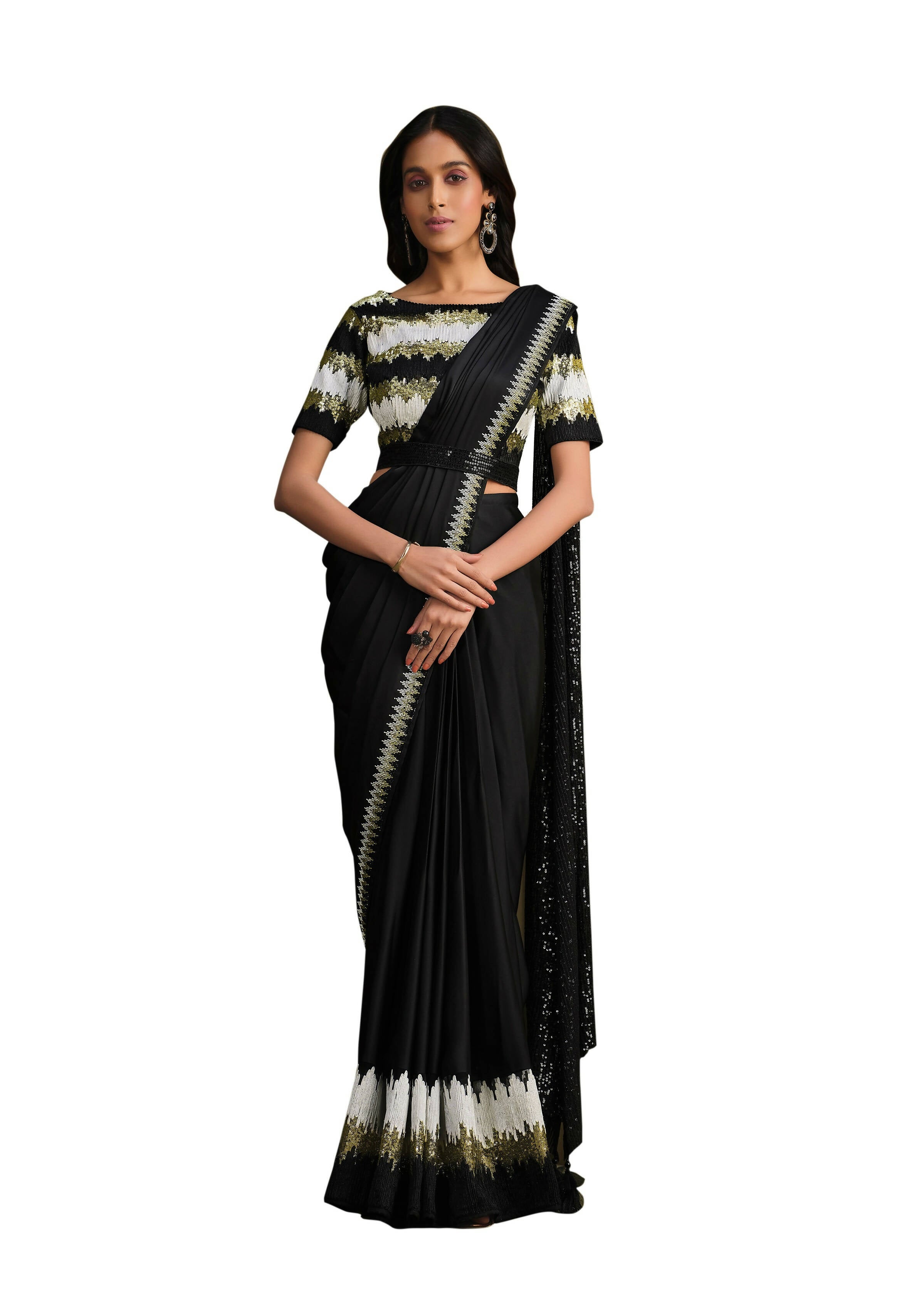 Black Crepe Silk Sequence Embroidered Saree With Stitched Blouse - Mohmanthan La Belle - Distacart