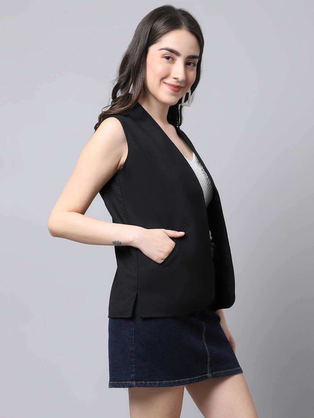 Even Apparels Black Linen Cotton Open Front Women's Waistcoat - Distacart