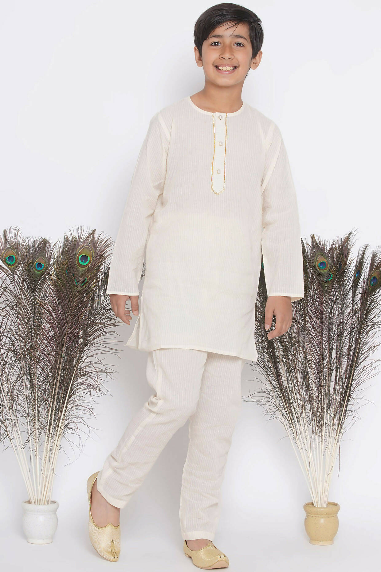Little Bansi Banarsi Silk Orange Pink Floral Embroidery Jacket with Cotton Kantha kurta and Kantha Pyjama - Cream - Distacart