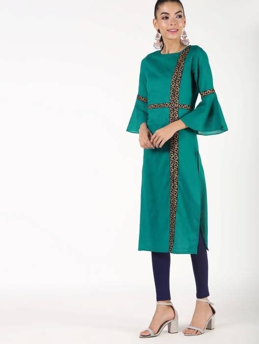Aniyah Cotton Bell Sleeve Solid Straight Kurta In Turquoise Color (AN-147K)