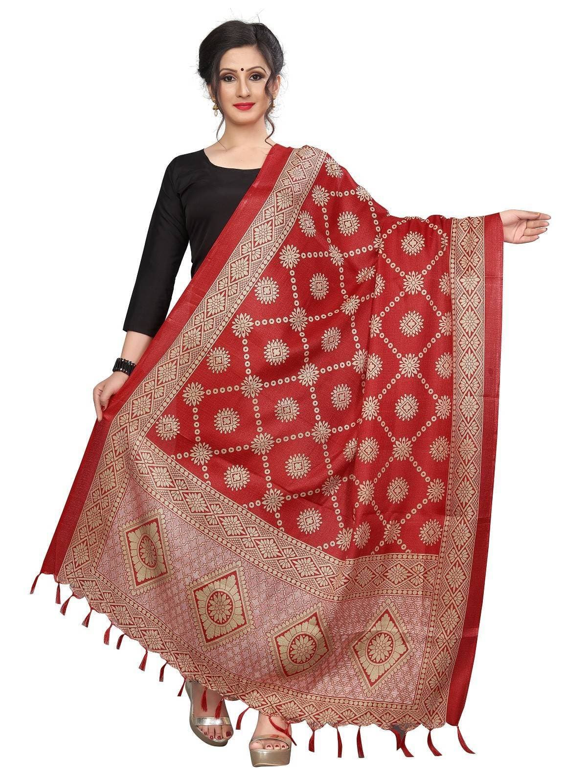 Vamika Traditional Wear Red Printed Khadi Bhagalpuri Dupatta