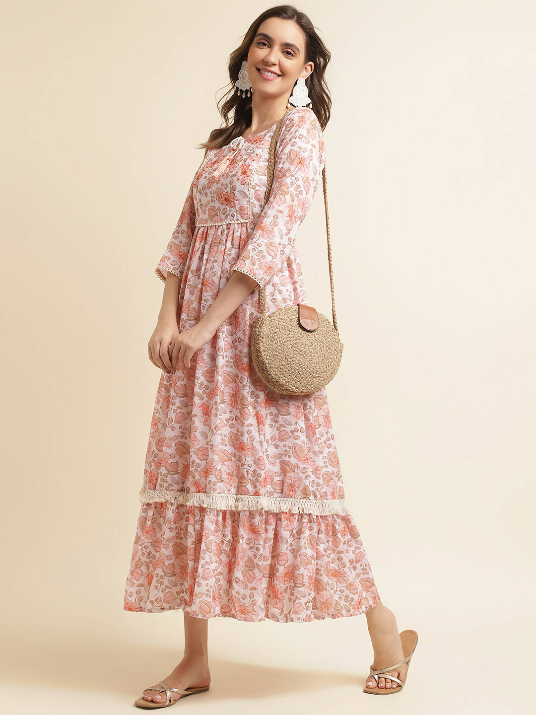 Orange Linen Floral Printed Fit & Flare Dress - Yukti - Distacart