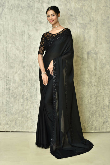 Black Silk Plain Saree with Blouse Piece - Purvi - Distacart