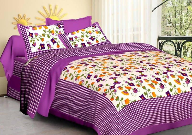 Vamika Printed Cotton Purple Bedsheet With Pillow Covers (LEOC_CHKM_PR) - Distacart