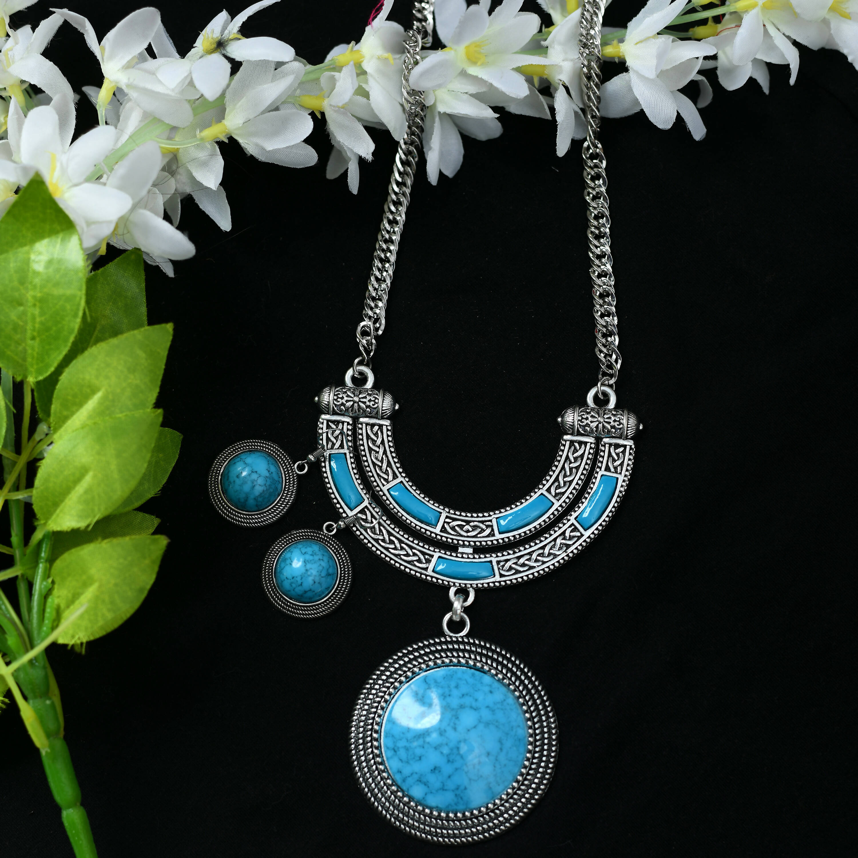 Mominos Fashion Johar Kamal Oxidised Silver-Plated Stone Work Long Necklace Handicraft Sky Blue - Distacart