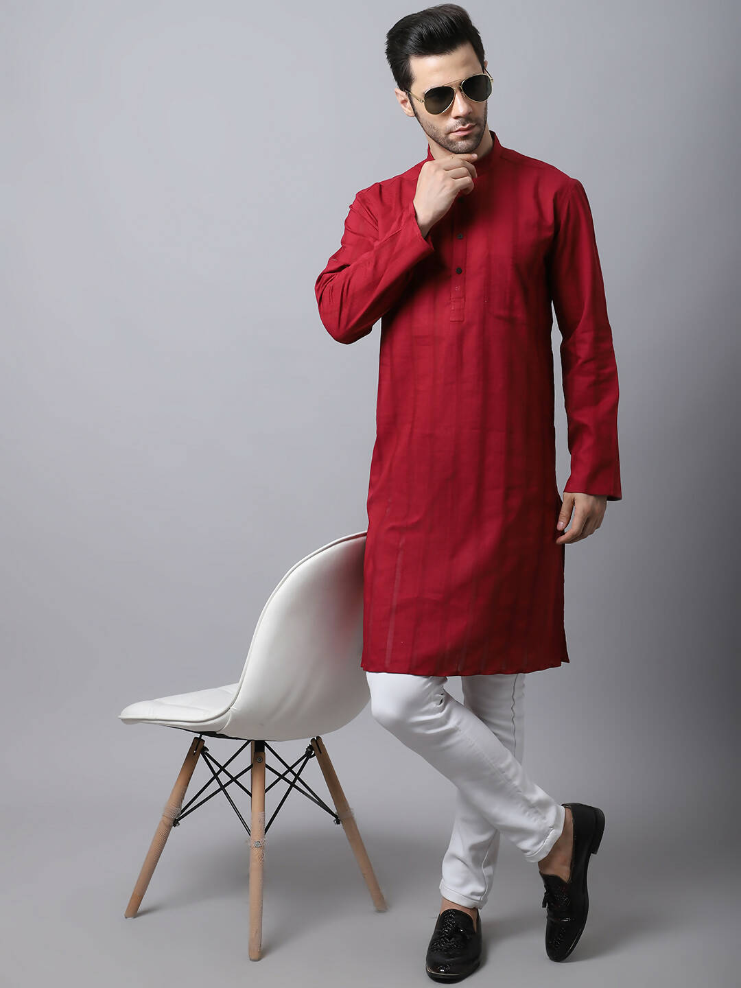 Even Apparels Maroon Pure Cotton Men's Kurta With Band Collar - Distacart