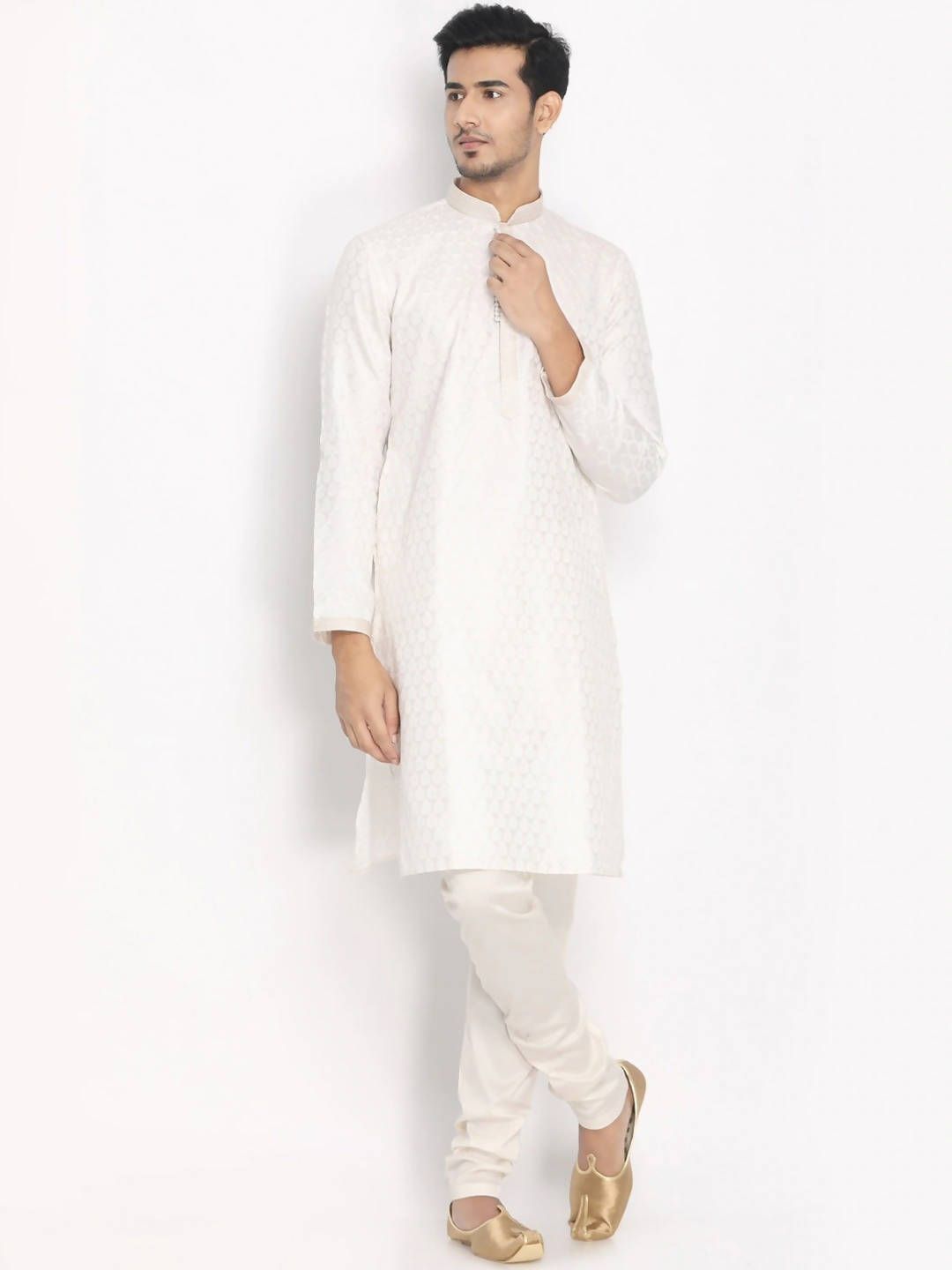 Manyavar Men White Woven Design Kurta with Pyjamas - Distacart