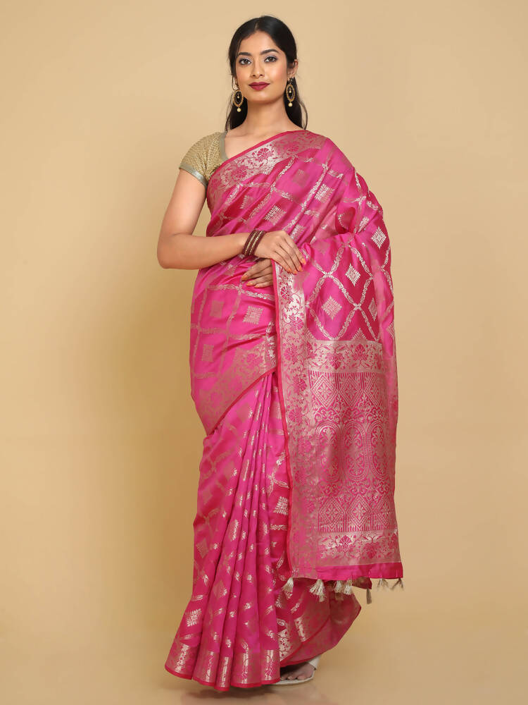 Kalamandir Checked Pink Silk Blend Saree