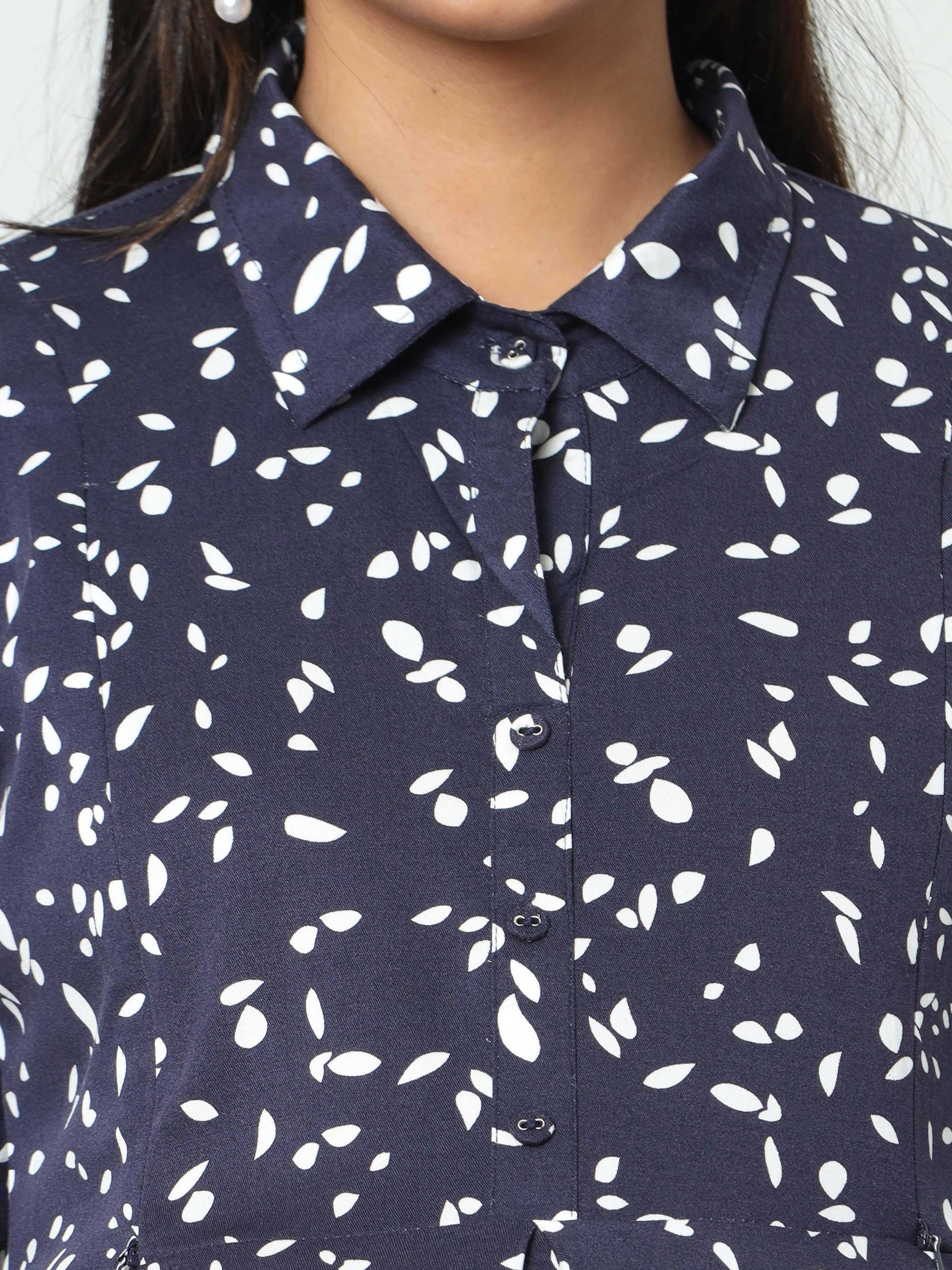 Manet Three Fourth Maternity Dress White Dot Print With Concealed Zipper Nursing Access - Navy Blue - Distacart
