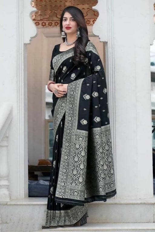 DEIANA'S Beautiful Golden Jari with New Design Soft Lichi Silk Saree - Black - Distacart