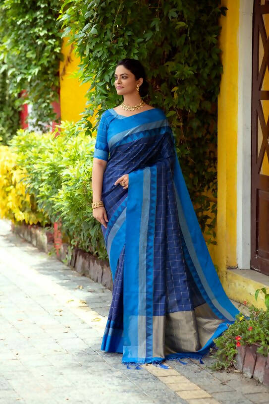 Vishnu Weaves Women's Blue Raw Silk Checks Zari Woven Saree with Unstitched Blouse - Distacart