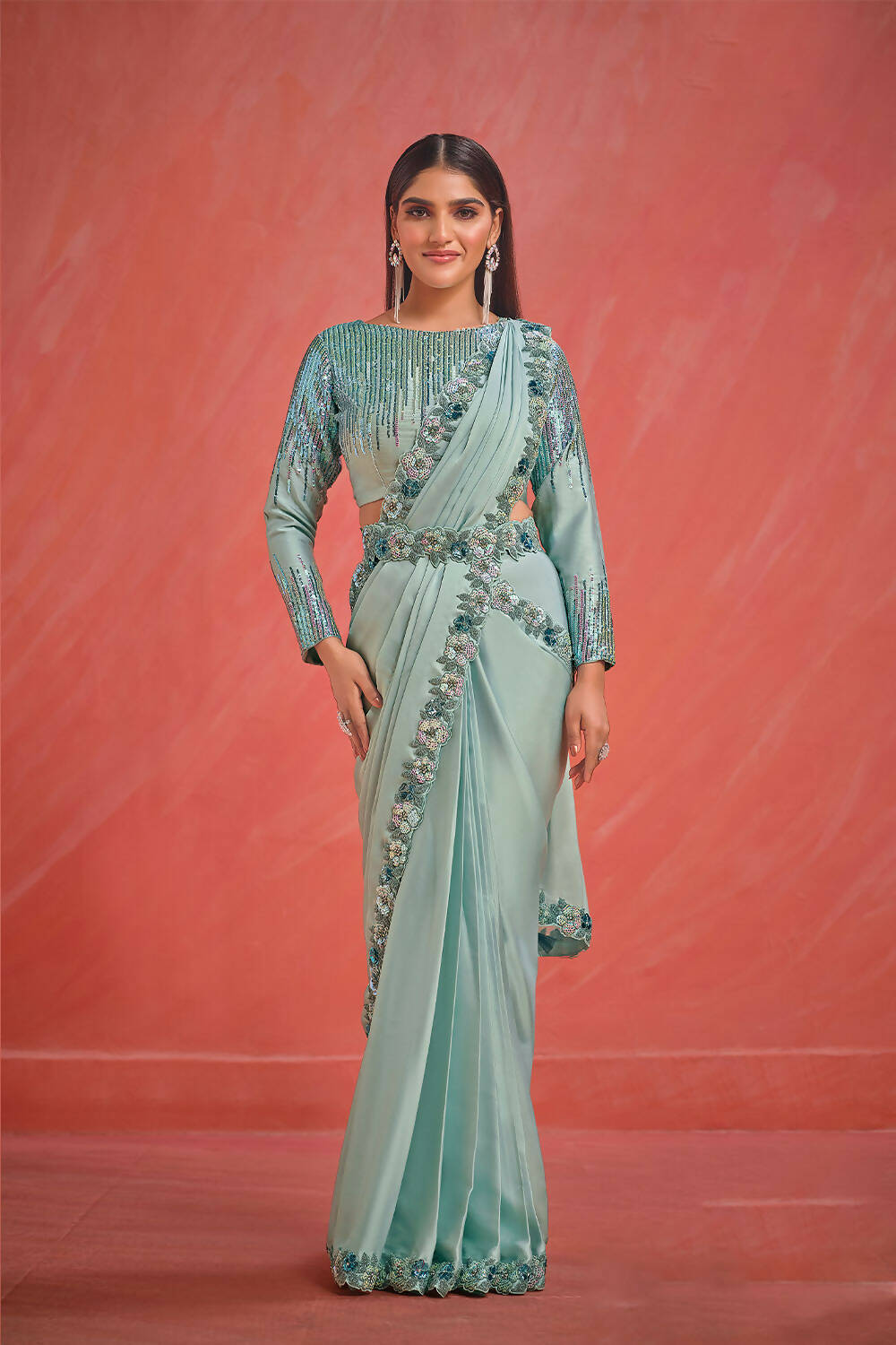 Light Blue Crepe Silk Satin Cord & Sequence Embroidery with Thread & Stone Work Saree With Stitched Blouse - Mohmanthan Elegancia - Distacart