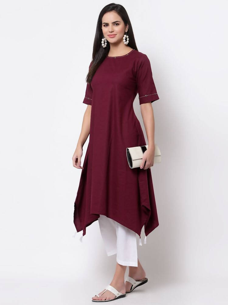 Myshka Women's Pure Cotton 3/4 Sleeve Round Neck Casual Maroon Dress