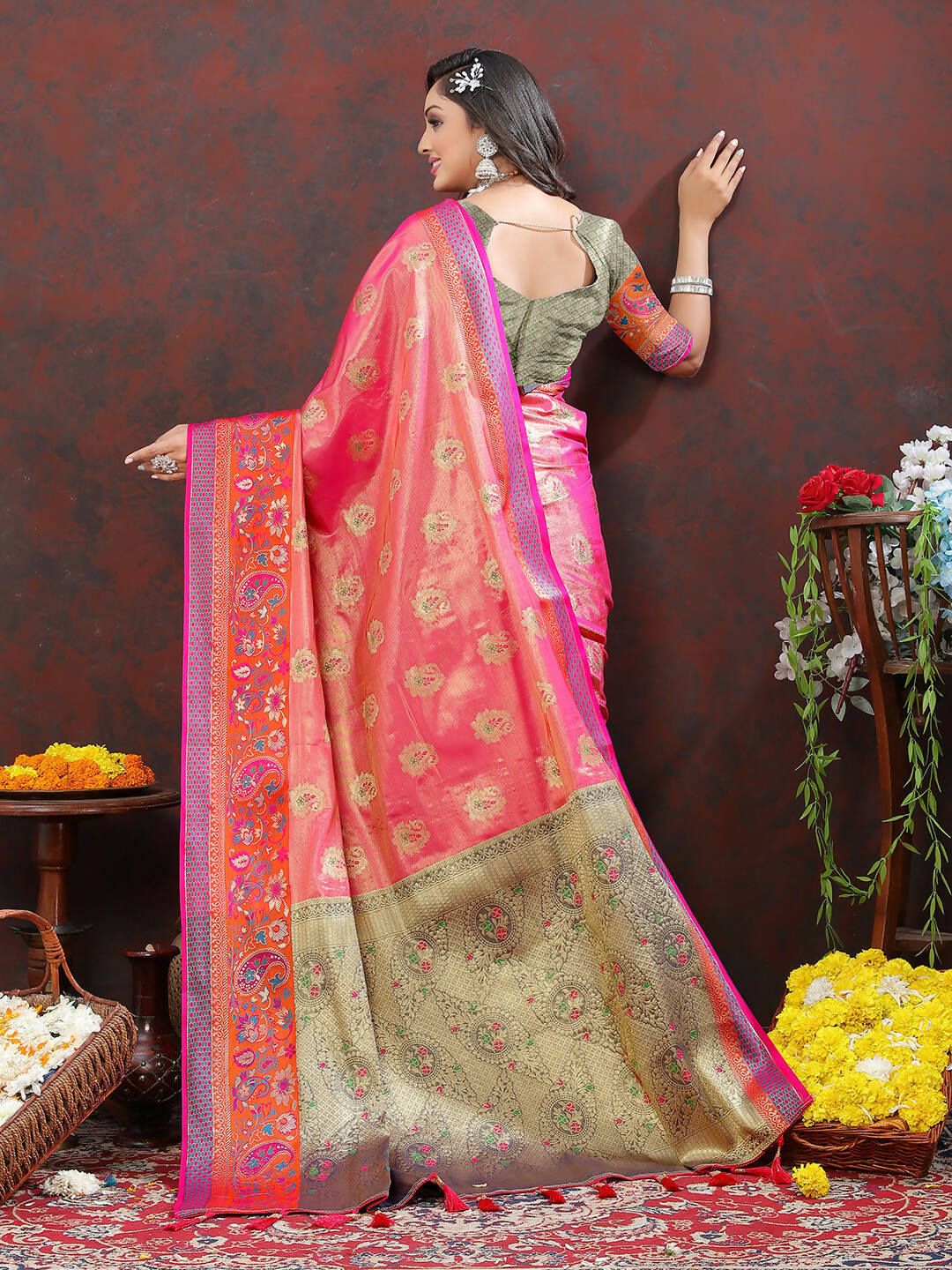 Lorenvalley Fashion Pink Kanjivaram Silk Woven Design with Zari Weaving Saree - Distacart