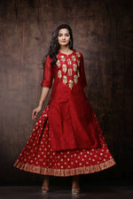 Thumbnail for Juniper Women Maroon Chanderi Silk Embroidered & Printed Layered Dress - Distacart