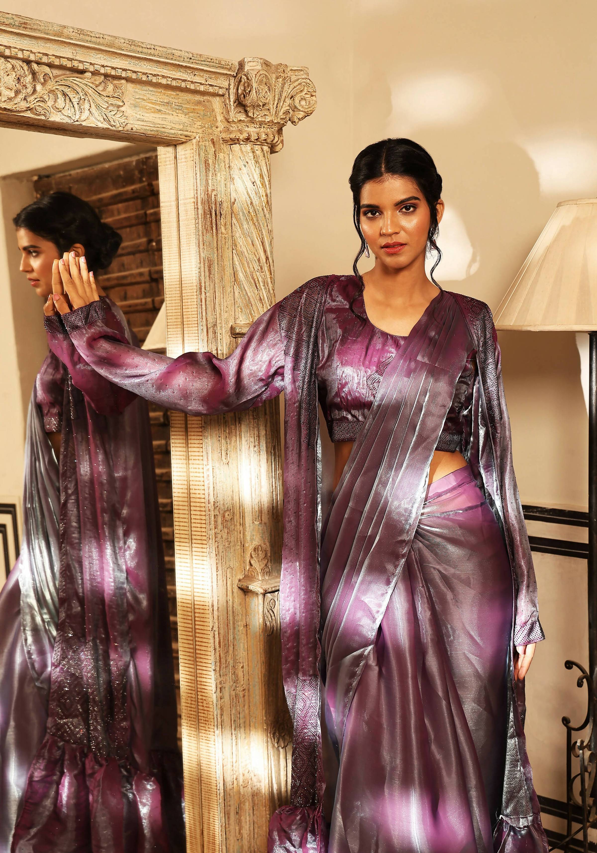 Lavender Tom Silk Plain Ready To Wear Saree With Stitched Blouse - Satiksha - Distacart