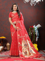 Thumbnail for Lorenvalley Fashion Red Soft Paithani Silk Woven Design Gold Zari Meenakari Weaving Saree - Distacart