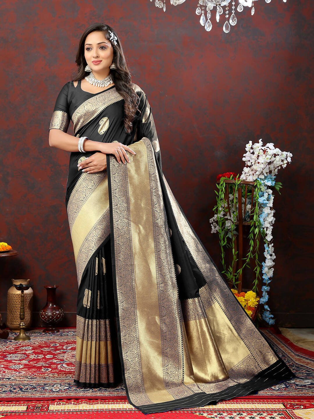 Lorenvalley Fashion Black Soft Silk Woven Design Gold Zari Weaving Saree - Distacart