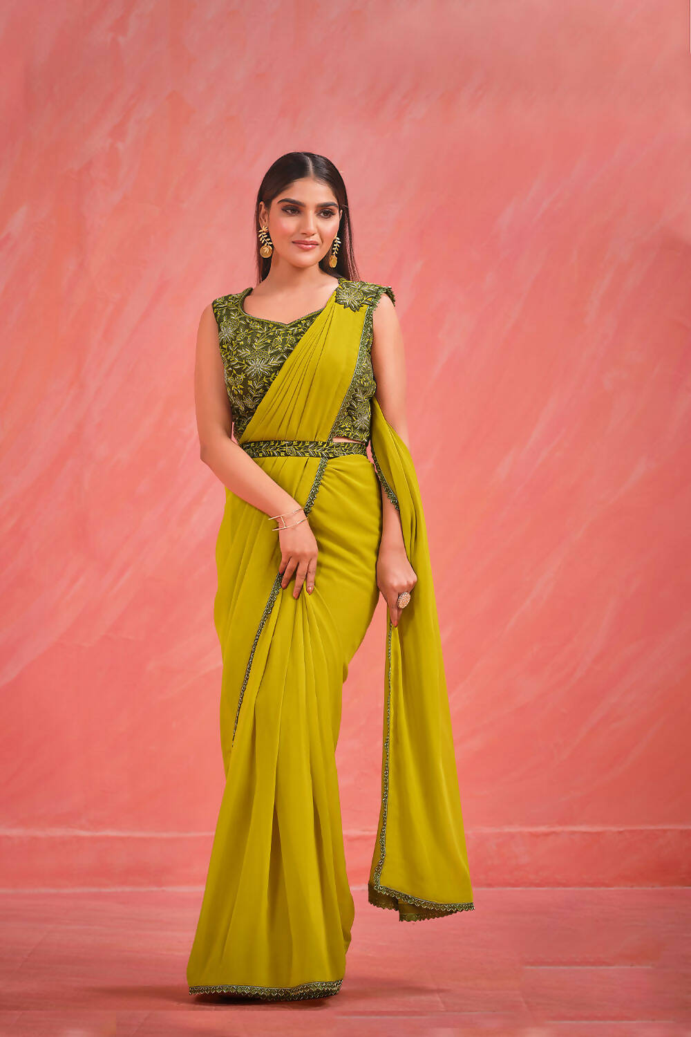 Green Georgette Thread, Jari & Kardana Handwork Saree With Stitched Blouse - Mohmanthan Elegancia - Distacart
