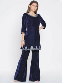 Thumbnail for Women Republic Navy Blue Velvet Embroidered Kurta With Bellbottom Pants - Distacart