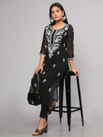 Thumbnail for Malishka Women's Black Floral Chikankari Embroidery Georgette Casual Kurta - Black - Distacart