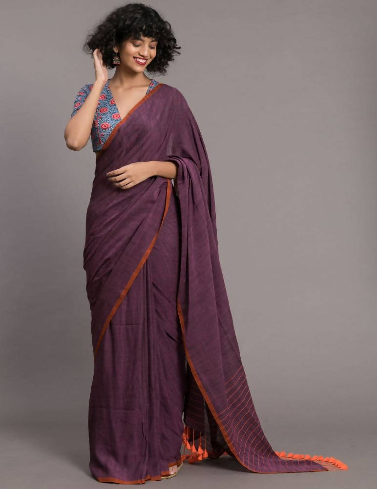 Suta Purple Orange Solid Cotton Blend Saree - Distacart