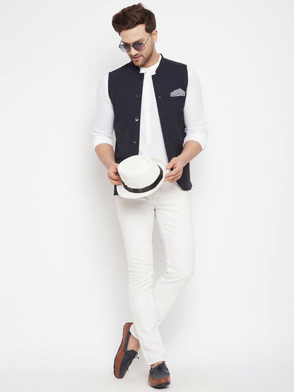 Even Apparels Navy Merino Men's Nehru Jacket-Contrast Lining-Inbuilt Pocket Square - Distacart