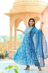 Thumbnail for Yufta Women Blue Floral print Pure Cotton Anarkali Kurta with Trouser and Dupatta