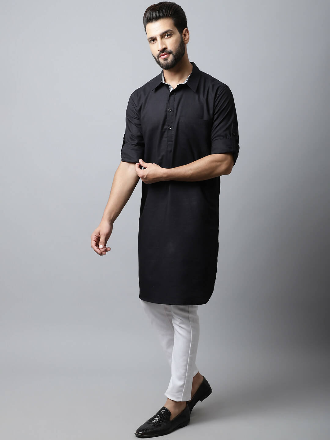 Even Apparels Black Color Linen Solid Men's Kurta With Shirt Collar (LN761) - Distacart