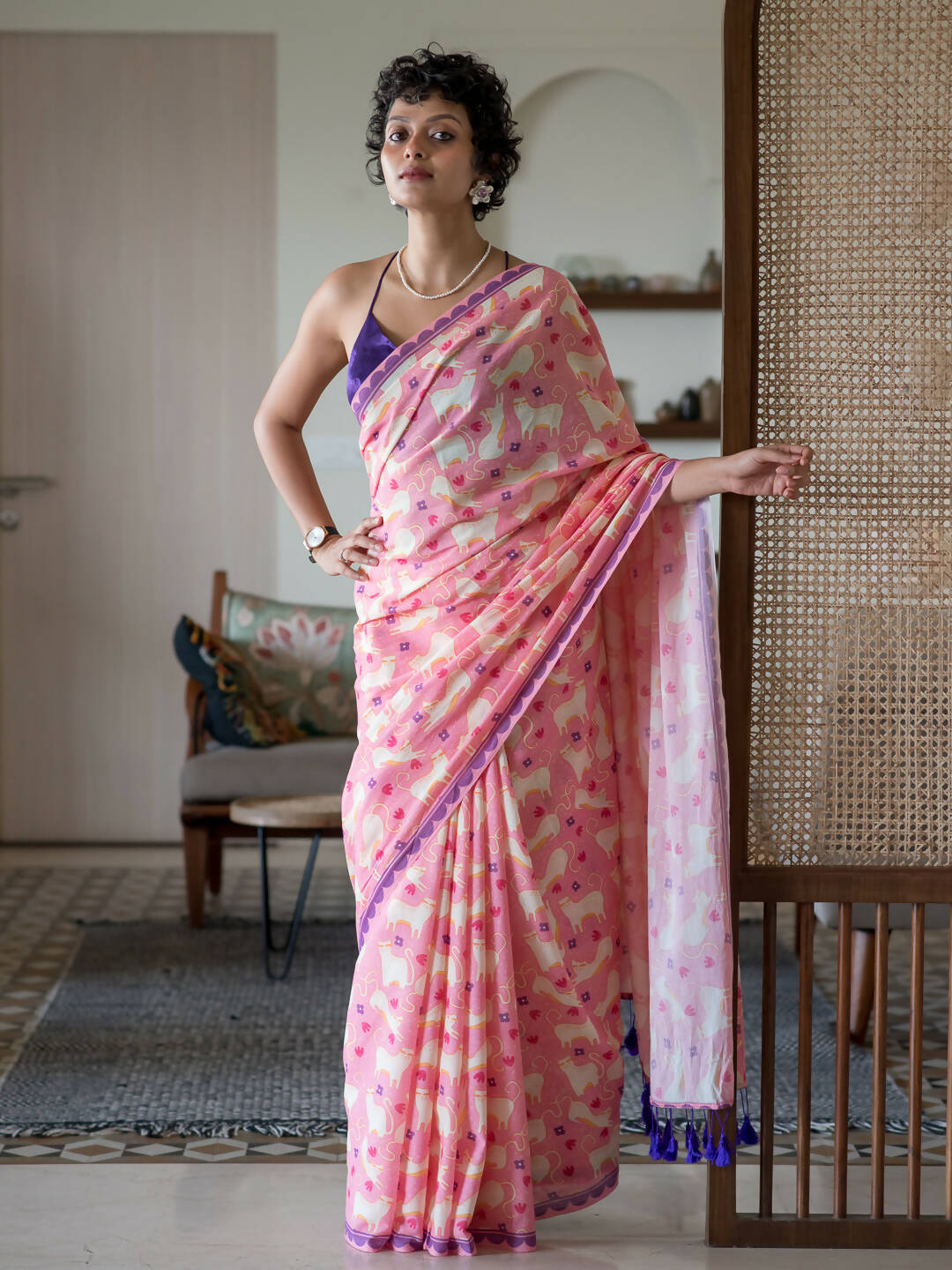 Suta Pink Abstract Pure Cotton Saree - Distacart