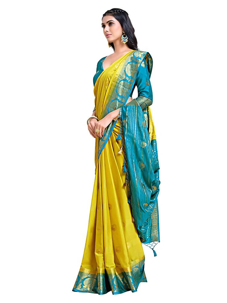 Mimosa Women's Yellow Mysore Silk Crepe Saree With Blouse
