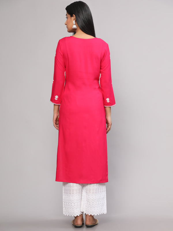 Malishka Women's Pink Embroidered Georgette Straight Chikankari Kurta - Pink - Distacart