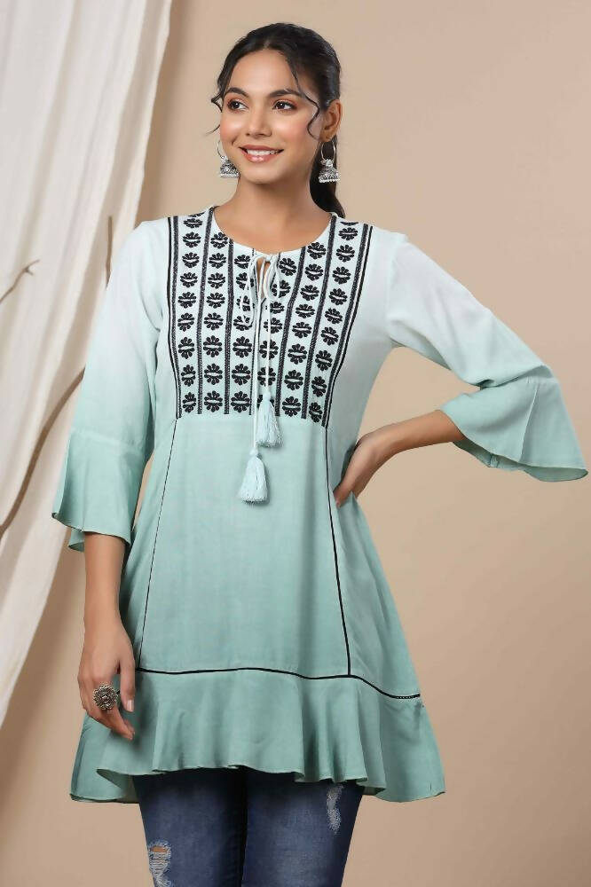 Juniper Sage Green Rayon Festive Embroidered Tiered Tunic For Women - Distacart