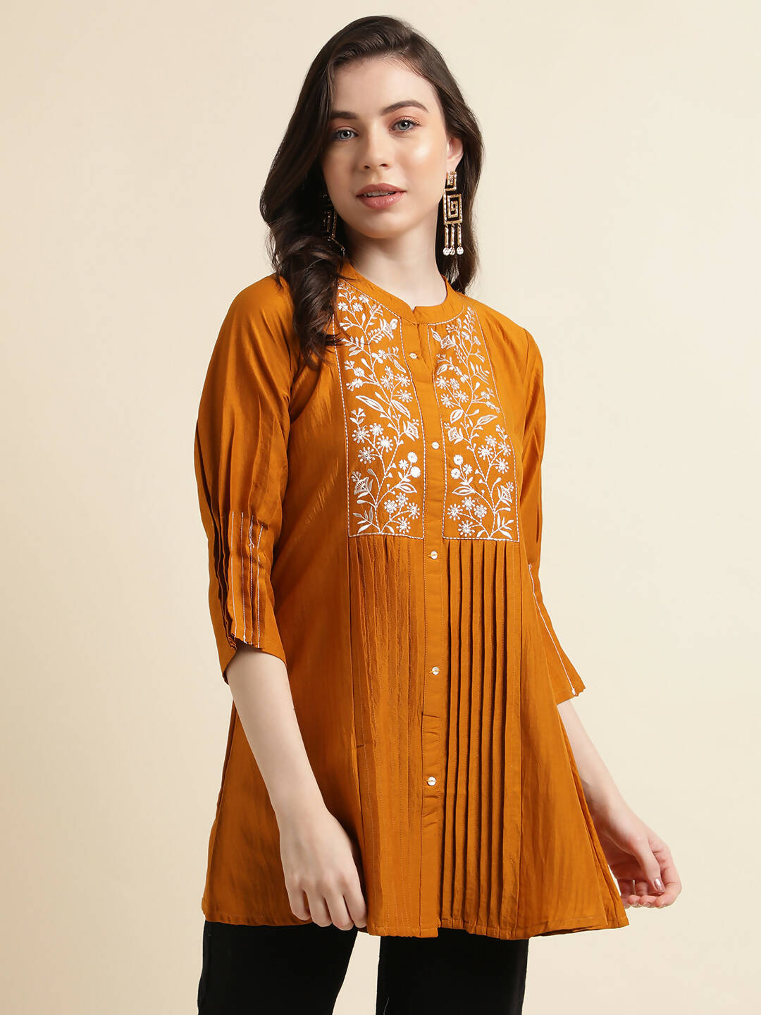 Mustard Chinon Yoke Embroidered A-line Top - Tarini - Distacart