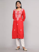 Thumbnail for Malishka Women's Red Embroidered Georgette Straight Chikankari Kurta - Red - Distacart