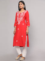 Thumbnail for Malishka Women's Red Embroidered Georgette Straight Chikankari Kurta - Red - Distacart