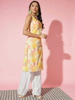 Thumbnail for Myshka Women Multi Floral Cotton Straight Round Neck Kurtas - Distacart