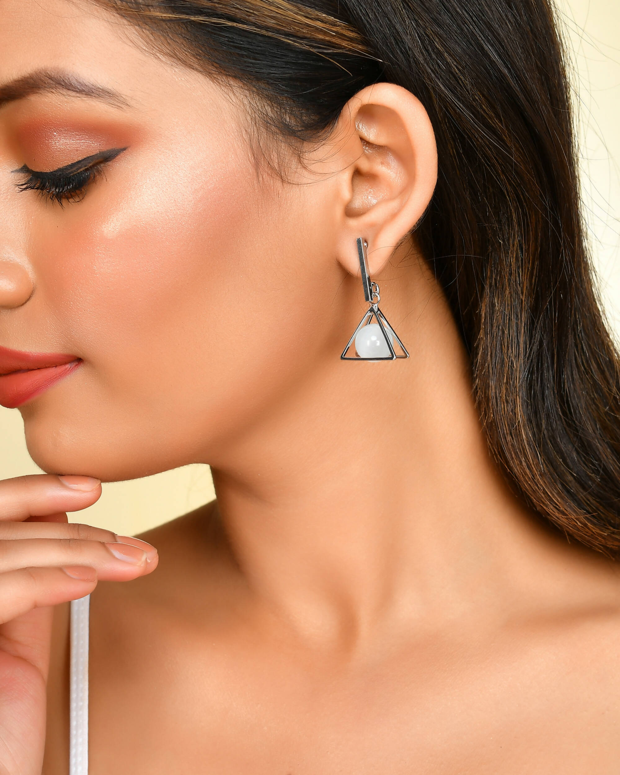 VOJ Women Sliver Triangle with Pearl Stainless Steel Stud Earrings - Distacart