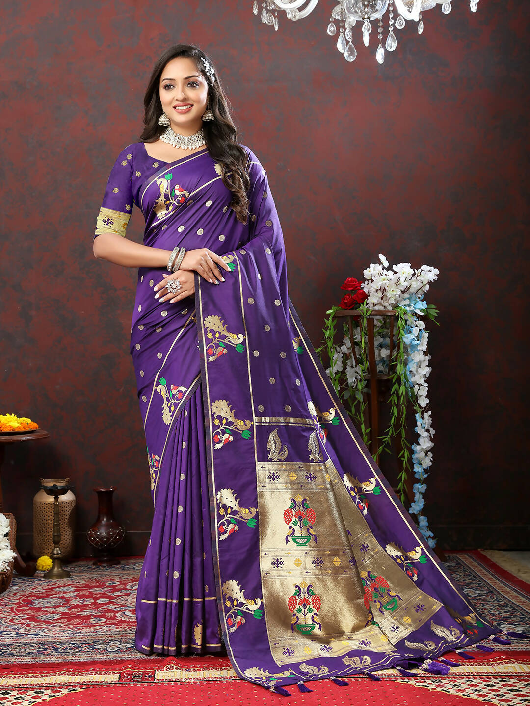Lorenvalley Fashion Purple Soft Paithani Silk Woven Design Gold Zari Meenakari Weaving Saree - Distacart