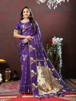 Thumbnail for Lorenvalley Fashion Purple Soft Paithani Silk Woven Design Gold Zari Meenakari Weaving Saree - Distacart